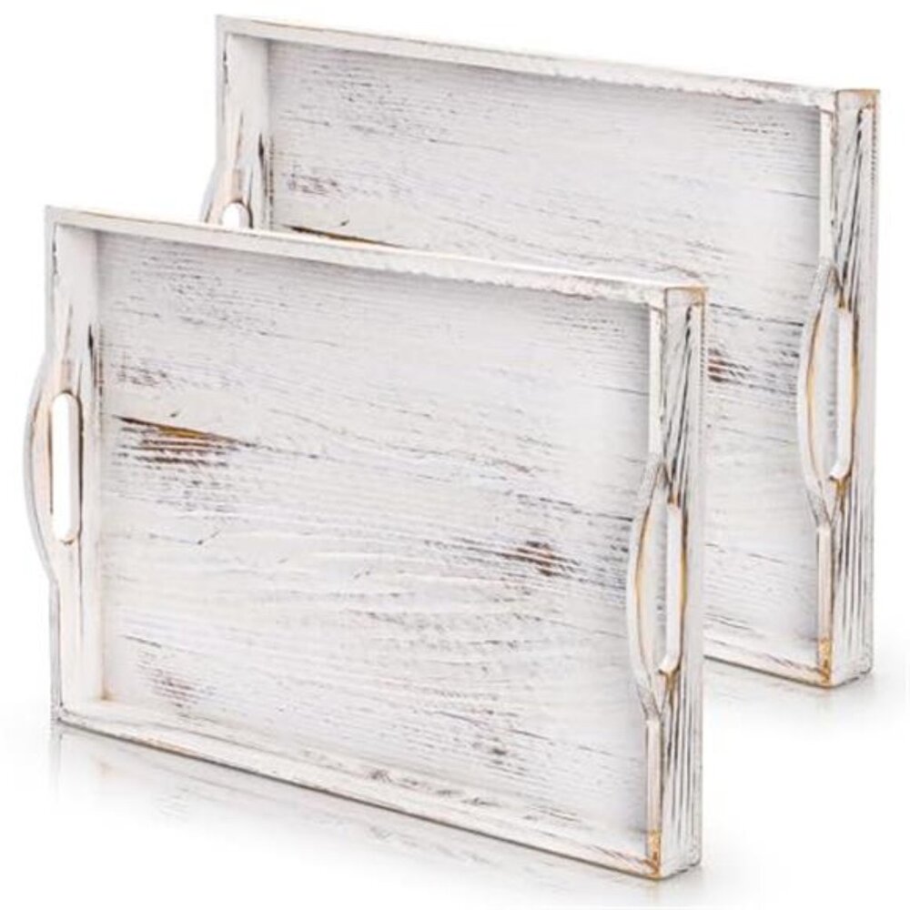 2 Pack Wooden Serving Tray Ottoman Coffee Table Farmhouse Decor Handles